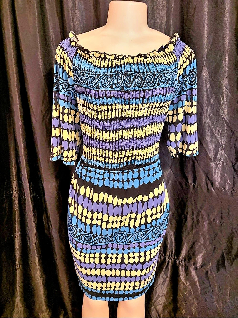 Mossey's Geometric Mini Dress in Black & Blue Size 12 Like New